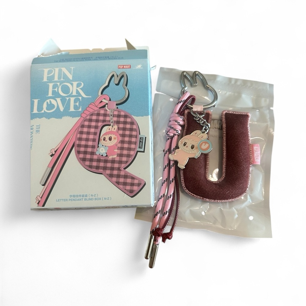 Pink and Red Labubu Pin For Love “U” Keychain Set